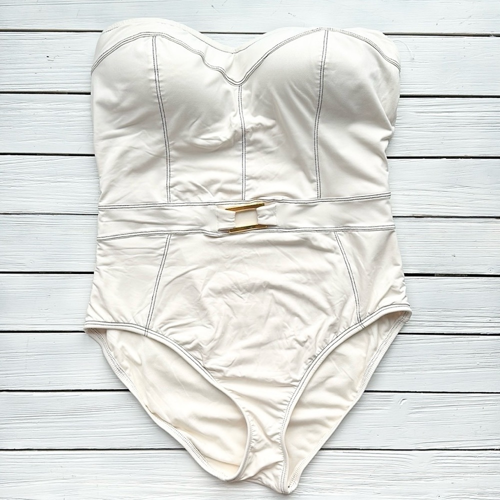 NWOT Bleu by Rod Beattie Strapless Gold Belted One Piece Swimsuit Cream size 12